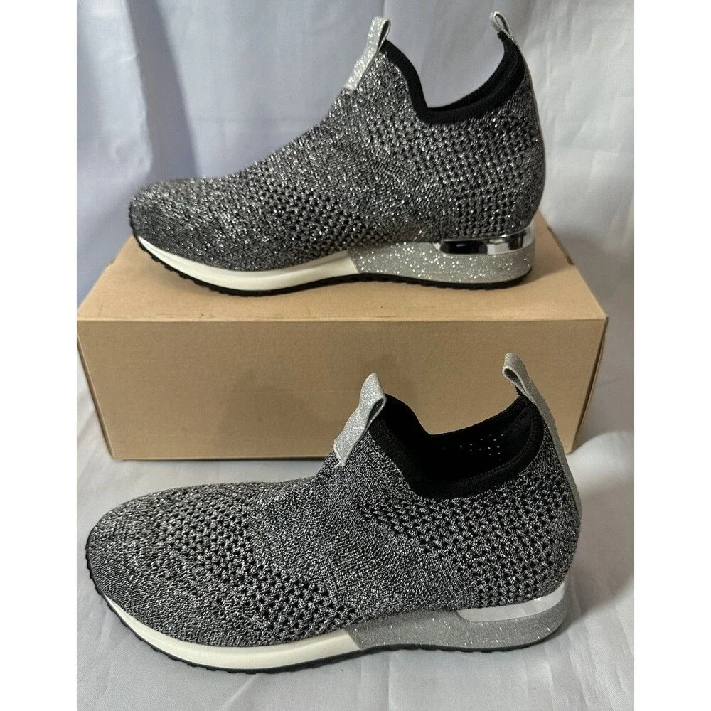 J Slides Oren Knit Slip On Sneakers Black Silver Women’s Size 6